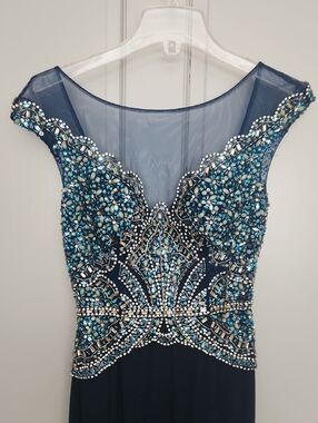 Embellished Navy Evening Dress with Teal Crystal Accents
